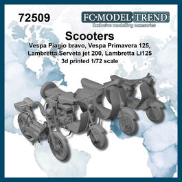 72509 Scooters, Vespa Primavera 125, Vespa Piagio Bravo, lambretta Serveta Jet200 & Lambretta Li125. Escala 1/72.
